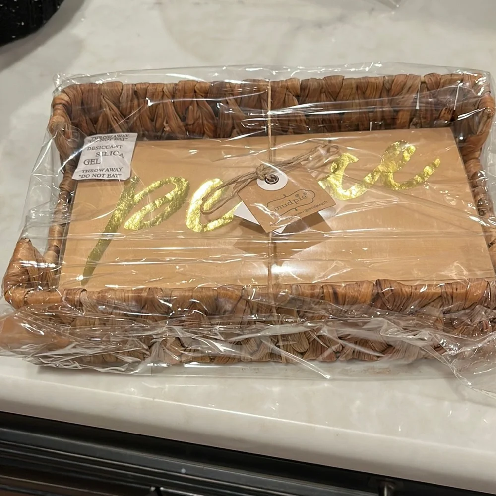 Mud Pie Peace Gold Guest Towel Basket Set/New In Package